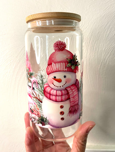 Ready To Ship: Pink Snowman Scene 16 oz. Glass Tumbler