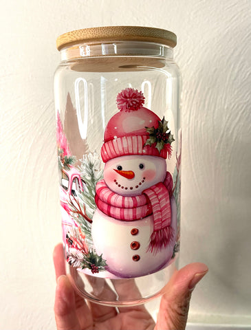 Ready To Ship: Pink Snowman Scene 16 oz. Glass Tumbler