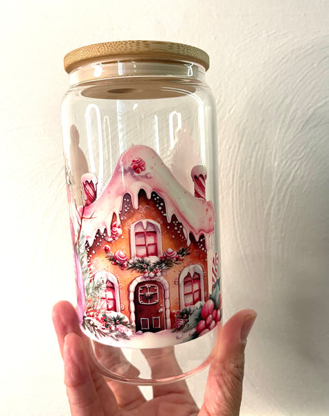 Ready To Ship: Pink Snowman Scene 16 oz. Glass Tumbler