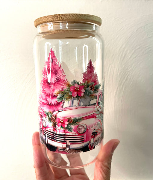 Ready To Ship: Pink Snowman Scene 16 oz. Glass Tumbler