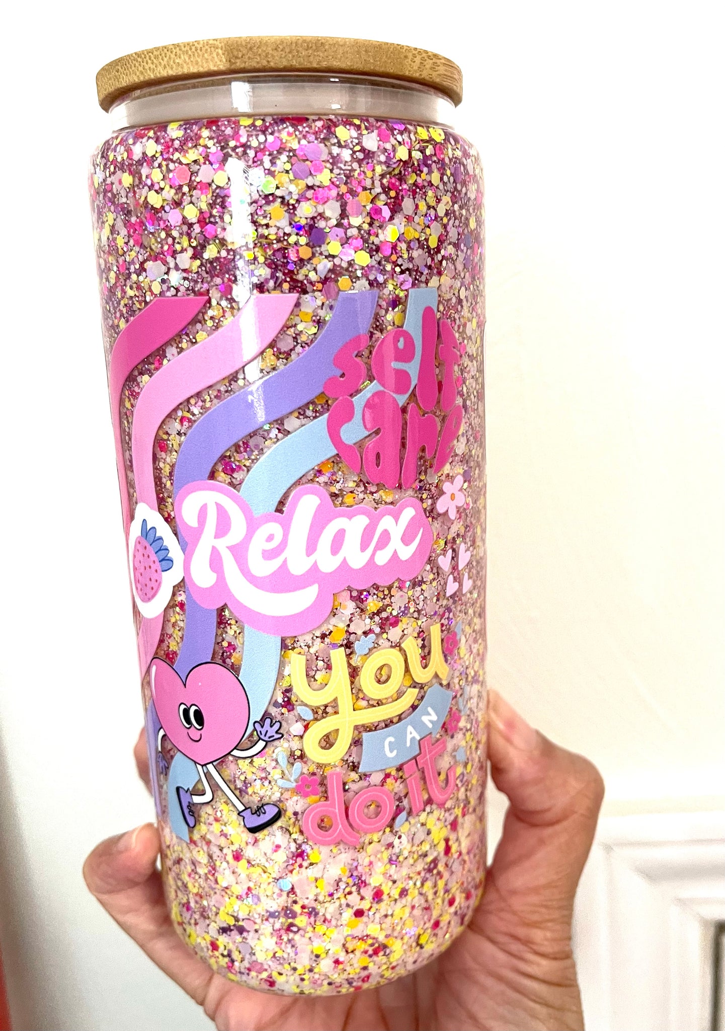 20 oz. Glass Snow Globe Tumbler Self Care Affirmations